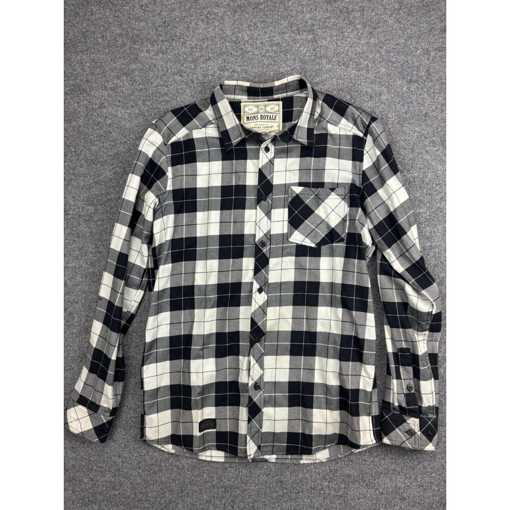 Mons‎ Royale Shirt Mens Medium Gray Plaid Merino Cotton Long Sleeve Button Front